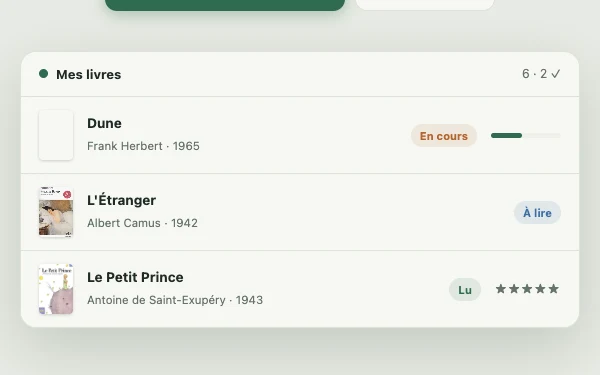 Bibliothèque InkShelf avec des livres en cours, à lire et terminés