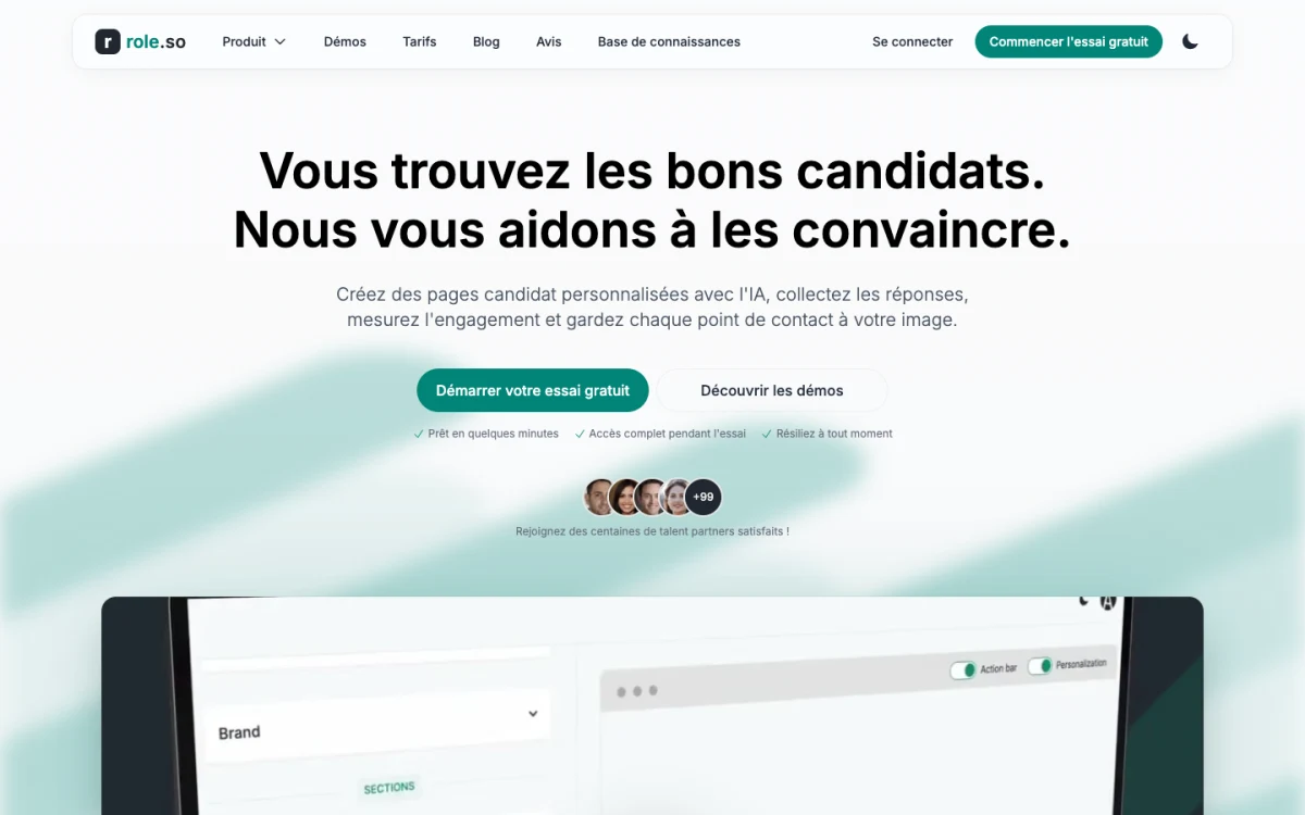 Aperçu de Role.so en français, avec son éditeur de page candidat