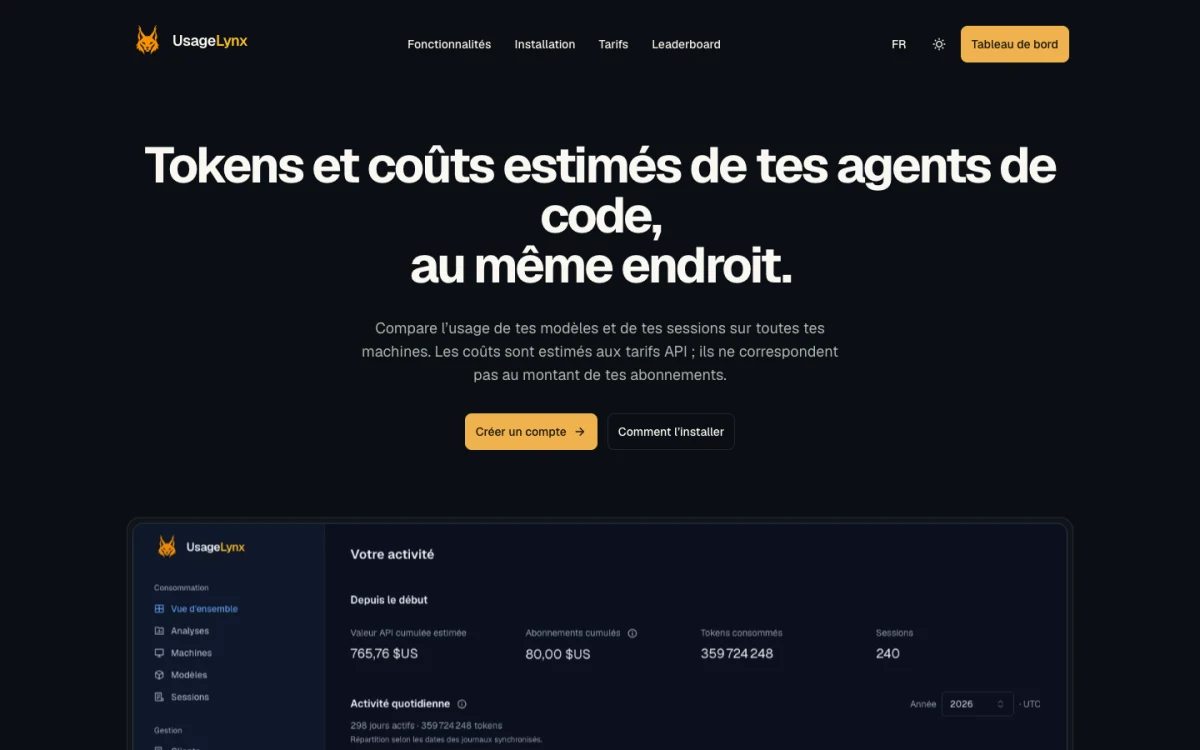 Aperçu de UsageLynx en français, avec le tableau de bord d’usage des agents de code